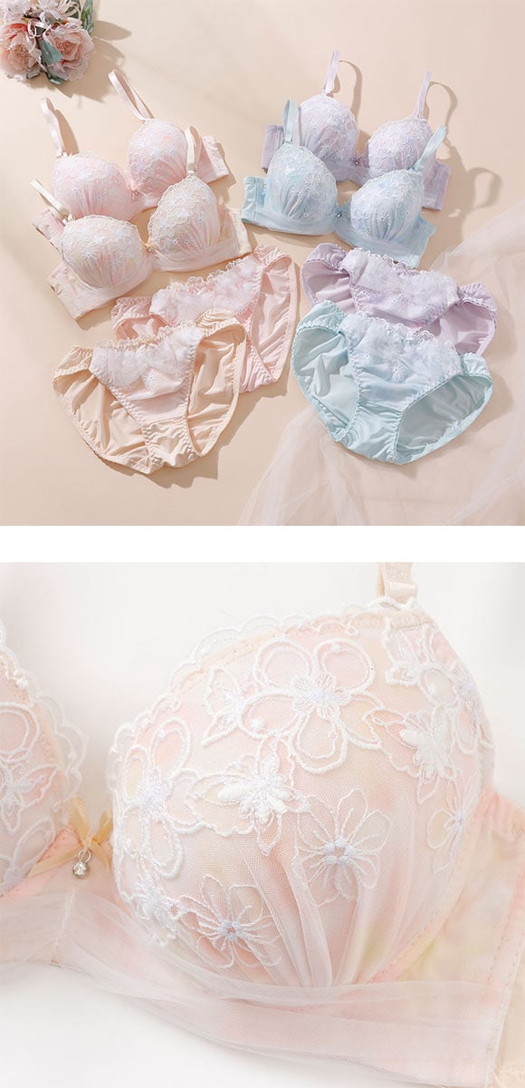 プチマリー パステル水彩プリント ブラジャー ショーツ セット モールド まる胸 EF 大きいサイズ ラメ刺繍 petit marie WHITE