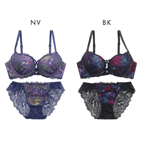 プチマリー プリントクロスコード ブラセット ABCDEF ブラジャー ショーツ セット 総レース バックレース petit marie BLACK