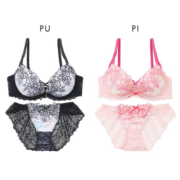 プチマリー グラデプリントコード ブラセット ABCDEF ブラジャー ショーツ セット Wパッド 盛り バックレース petit marie BLACK