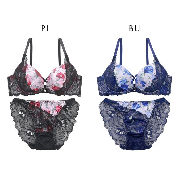 プチマリー ローズプリント ブラセット ABCDEF ブラジャー ショーツ セット Wパッド 盛り バックレース petit marie BLACK