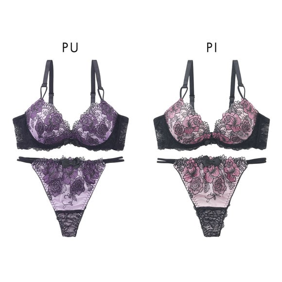 プチマリー Luxe Bloom ブラジャー Tバックショーツ セット ブラセット ABCDEF 脇高 谷間 盛りブラ petit marie BLACK 大きいサイズ