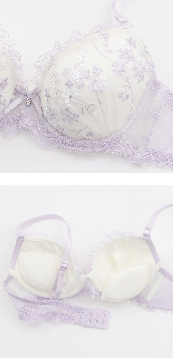 プチマリー フラワーレース ブラセット ABCDEF ブラジャー ショーツ セット 花柄刺繍 ラメ バックレース petit marie WHITE