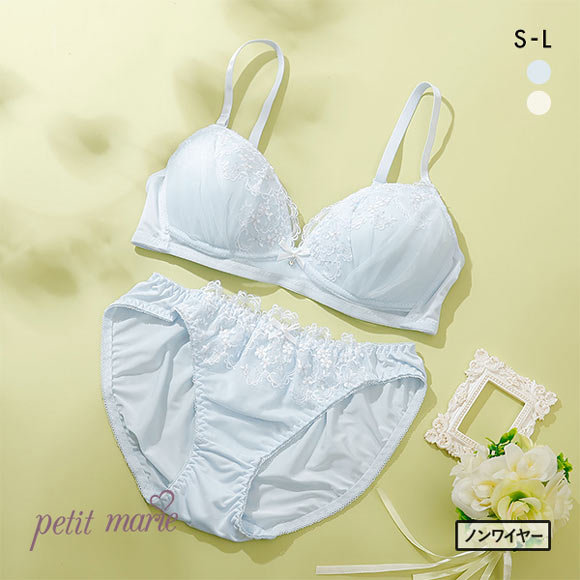 プチマリー petit marie WHITE フラワーチュール ノンワイヤー ブラジャー ショーツ セット SML