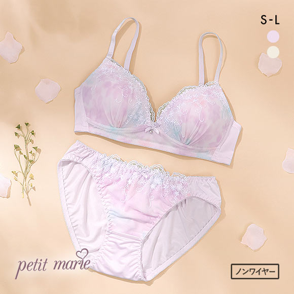 プチマリー petit marie WHITE フラワープリント ノンワイヤー ブラジャー ショーツ セット SML