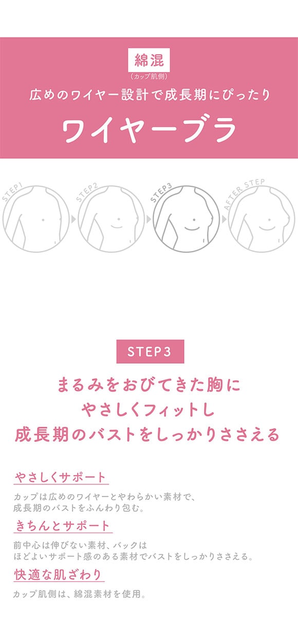 ワコール ウイング ティーン ジュニアブラジャー ABCDEF ワイヤー入り 大きいサイズ 中学生 高校生 Wacoal Wing teen STEP3