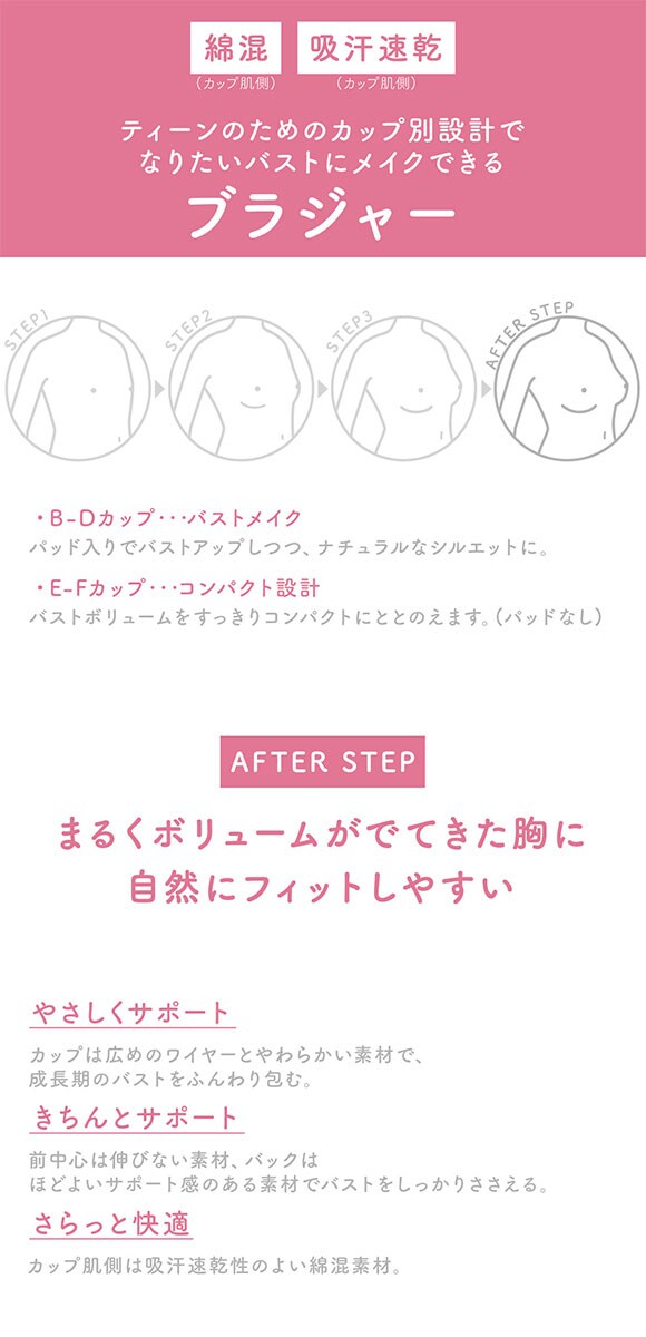 ワコール ウイング ティーン ジュニアブラジャー BCDEF ワイヤー入り カップ別設計 大きいサイズ Wacoal Wing teen AFTER STEP