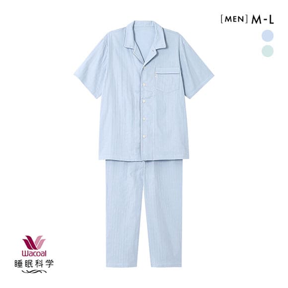 ワコール Wacoal 睡眠科学 シャツパジャマ 上下セット メンズ 5分袖 半袖 前開き 2重ガーゼ 綿100％
