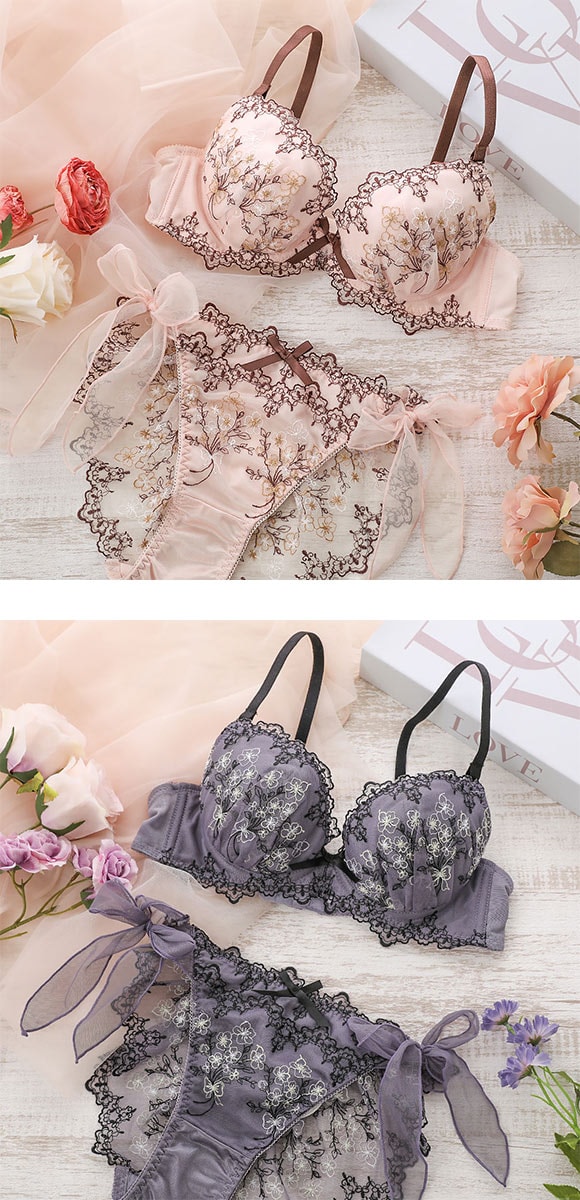 ココランジェ セレーナブーケ やわらかカップ ブラジャー ショーツ セット SHIROHATO別注 ソフトワイヤー サイドリボン バックレース 紐パン COCO Linge