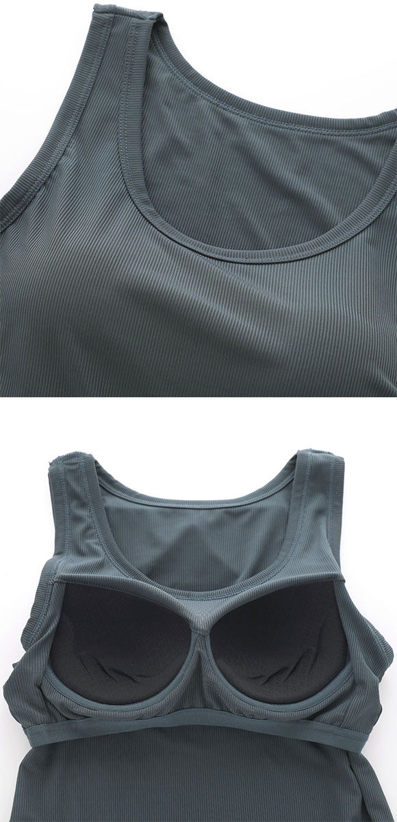 冷感リブ 太めパイピング カップ付き タンクトップ アウター ブラ内蔵 接触冷感 M L LL