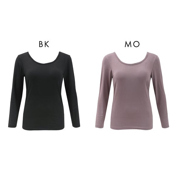 超伸び 裏起毛 ブラ内蔵 長袖インナー 8分袖 あったかブラトップ M L LL ラウンドネック 保温 静電気防止 無地 薄手 カップ付き長袖