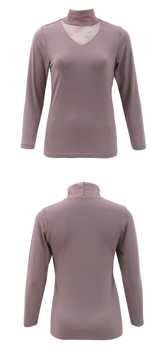 超伸び 裏起毛 レース付きハイネック 長袖インナー 8分袖 M L LL 軽い フィット 保温 静電気防止 無地 首のしわ隠し 温活 薄手