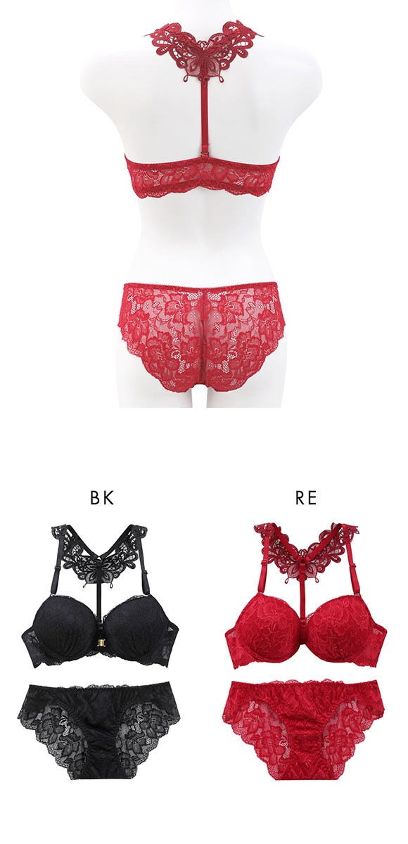 ラブジェリー 背中魅せ バタフライケミカル フロントホック ブラセット EF  盛り胸 Wパッド ブラジャー ショーツ セット
