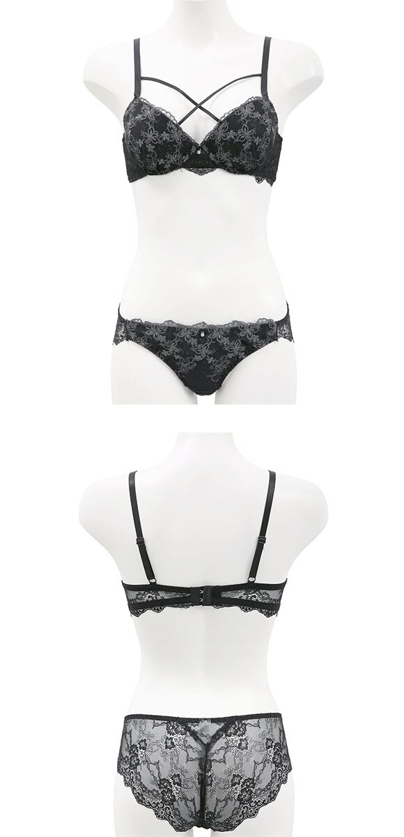 ラブジェリー フラワーバタフライ ブラセット EF 大きいサイズ バックレース 総レース 盛り胸 Wパッド 谷間ブラ バストアップ ブラジャー ショーツ セット