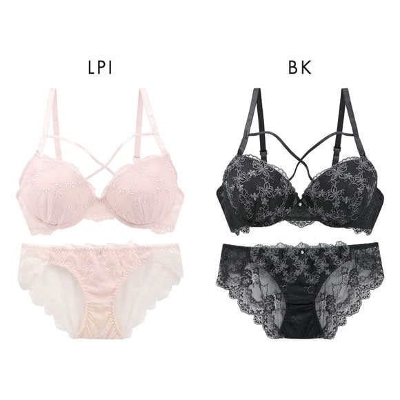 ラブジェリー フラワーバタフライ ブラセット EF 大きいサイズ バックレース 総レース 盛り胸 Wパッド 谷間ブラ バストアップ ブラジャー ショーツ セット