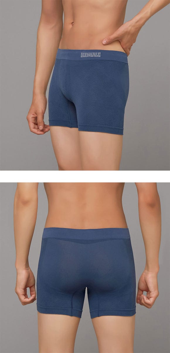グンゼ BODY WILD e-BOXER ラインジオメトリック柄 セミロング ボクサーパンツ メンズ 立体成型 前とじ GUNZE ボディワイルド