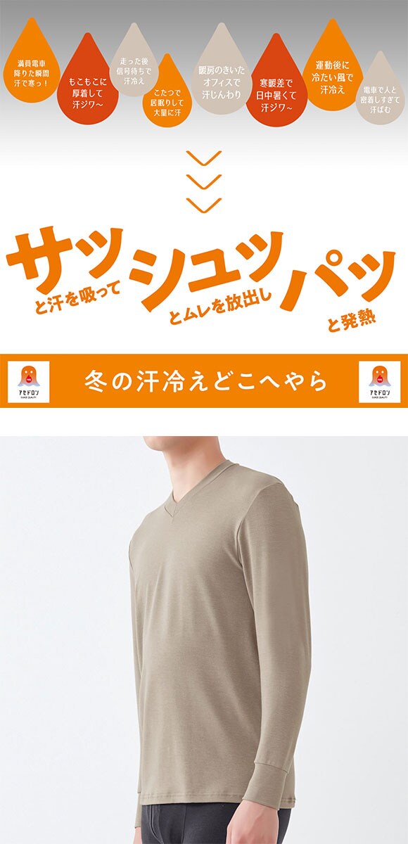 グンゼ FIREアセドロン 長袖 VネックTシャツ メンズ インナー GUNZE