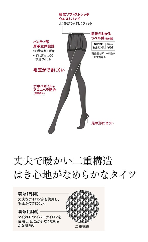 グンゼ SABRINA ウォーム 80デニール タイツ レディース 消臭 毛玉できにくい 静電気防止 GUNZE サブリナ