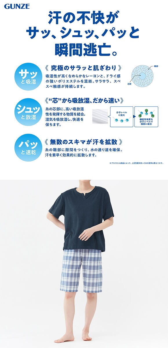 グンゼ アセドロン パイル地 ルームウェア 半袖・5分丈パンツセット  レディース パジャマ GUNZE