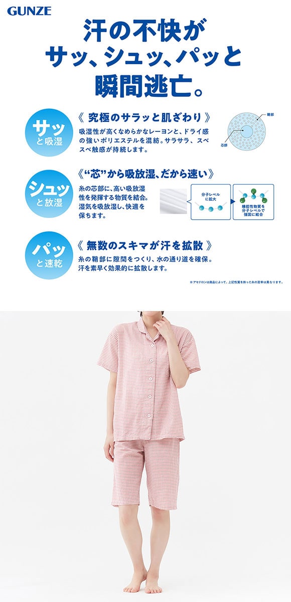 グンゼ アセドロン チェック柄 パジャマ 半袖シャツ・5分丈パンツセット レディース ナイティ ルームウェア GUNZE