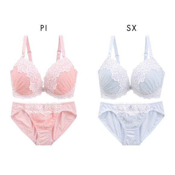 パンキュート プリーツチュールレース ブラセット CDEF80-95 脇寄せ 大きいサイズ グラマー 脇高 谷間 ブラジャー ショーツ PANCUTE