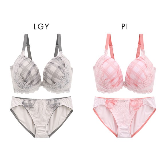 パンキュート 脇肉を谷間に変える脇高ブラ チェック柄チュールレース ブラセット CDEF80-95 脇寄せ 大きいサイズ グラマー 谷間 ブラジャー