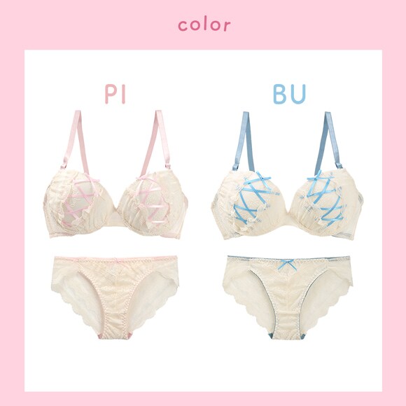 エレガント メロウリボンレースアップ ブラセット ABCDEF ブラジャー ショーツ セット 谷間 パッド内蔵 バックレース Elegante
