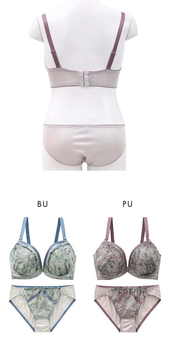 パンキュート らくちんソフトワイヤー フラワープリント刺繍 ブラセット CDEF80-95 グラマー アンダー大きいサイズ 脇肉 谷間 美胸 PanCute