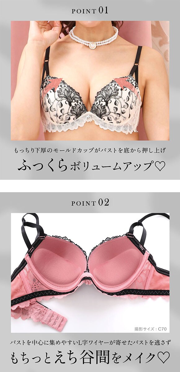 エレガント 線画調レース ブラセット ABCDEF 大きいサイズ グラマー 盛り ブラジャー ショーツ セット 脇寄せ L字 谷間 盛り胸 パッド内蔵 Elegante