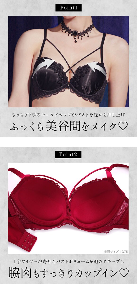 エレガント 脇肉を谷間に変える脇高ブラ セクシーサテン＆ケミカル ブラセット GHI65-95 大きいサイズ グラマー L字 谷間 盛り ブラジャー ショーツ Elegante