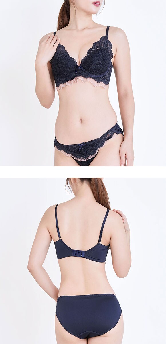 エレガント 脇肉を谷間に変える脇高ブラ レーシーフリル プランジブラセット ABCDEF 大きいサイズ 盛り 育乳 補正 着やせ ブラジャー ショーツ セット Elegante