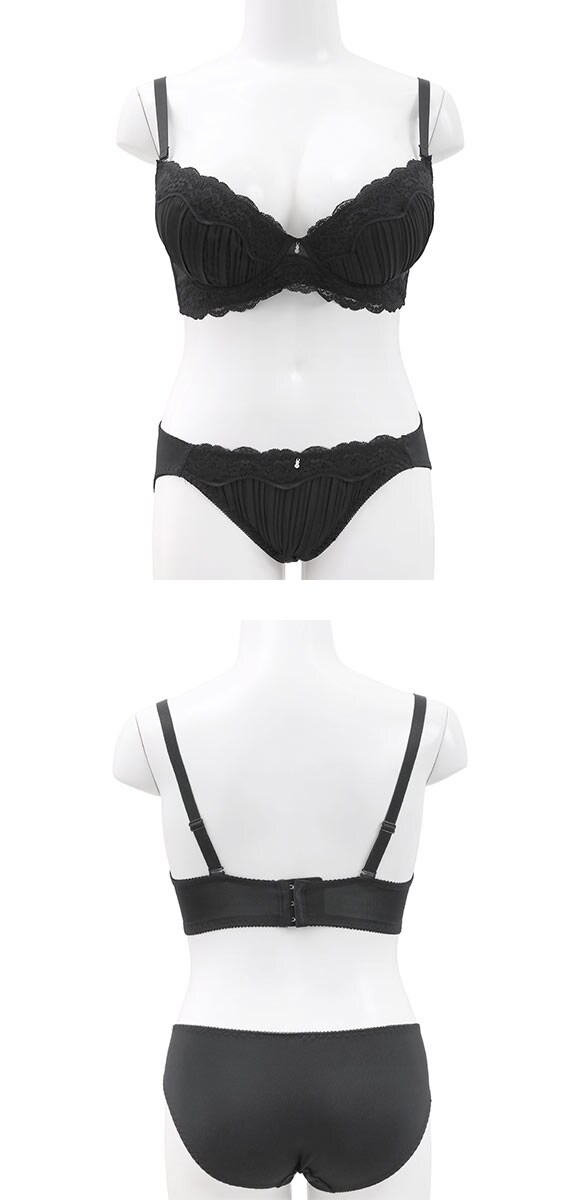 エレガント らくちんソフトワイヤー プリーツ×レース ブラセット CDEF80-95 グラマー アンダー大きいサイズ ブラジャー ショーツ