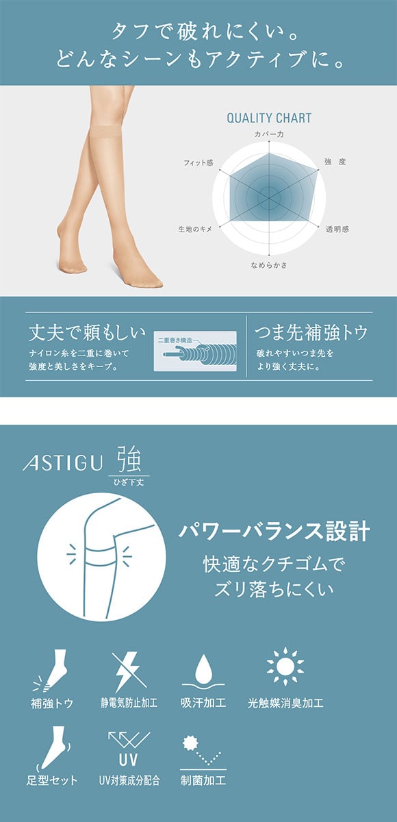 アツギ ATSUGI アスティーグ ASTIGU 強 破れにくい ショートストッキング ひざ下丈