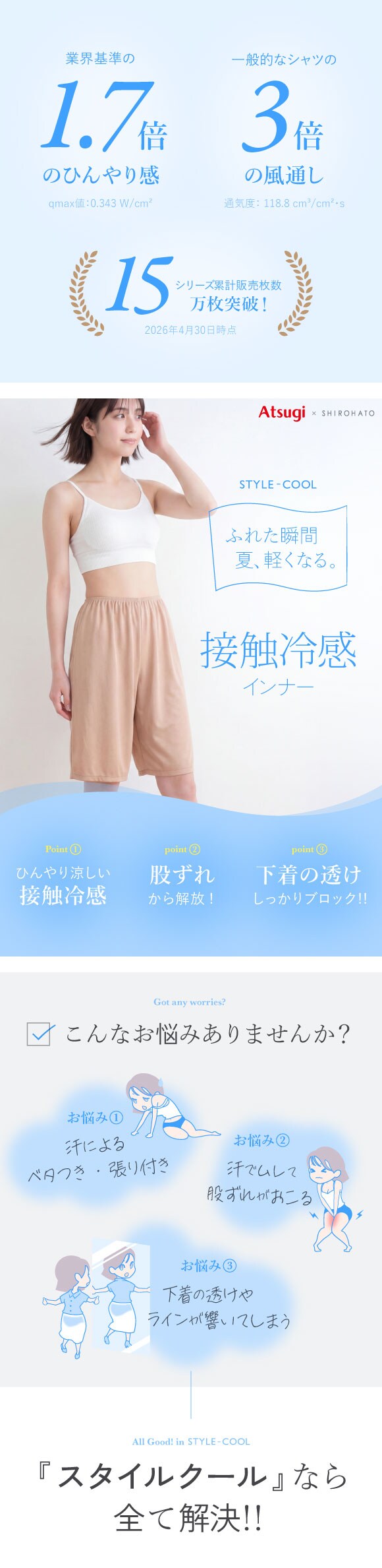 アツギ STYLE COOL 透けにくい タップパンツ 50cm丈ペチパンツ 接触冷感 メッシュ素材
