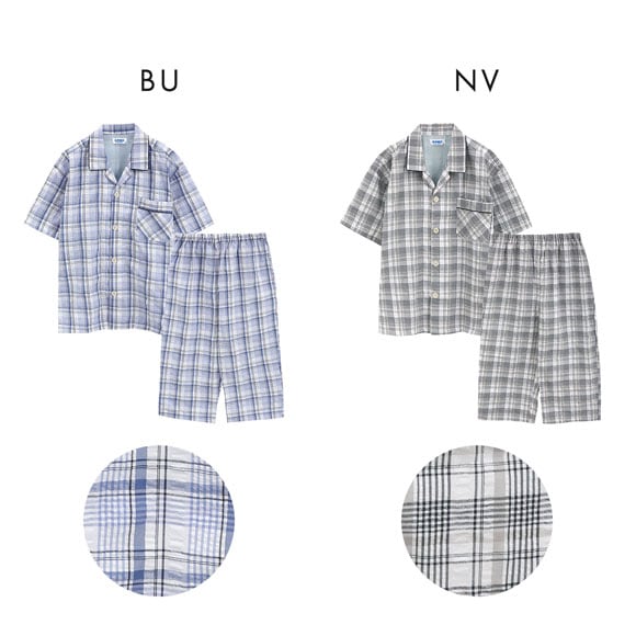 ヒヤロン メンズ パジャマ 上下セット 冷感メッシュ付き チェック柄 格子 ルームウェア 半袖 7分丈 紳士