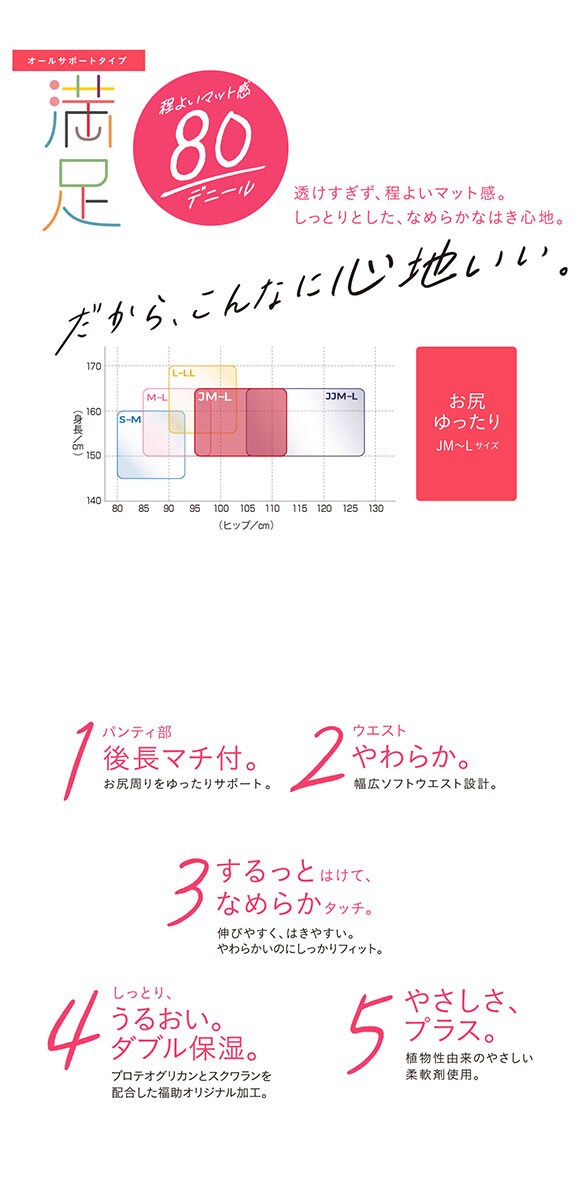 福助 満足 しっとりダブル保湿 80デニール タイツ JMLサイズ レディース 日本製 fukuske