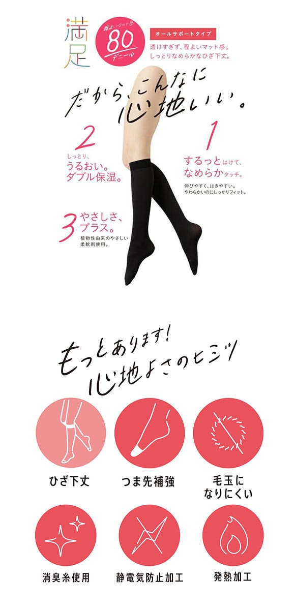 福助 Fukuske 満足 80デニール ひざ下 タイツ 日本製 しっとりダブル保湿