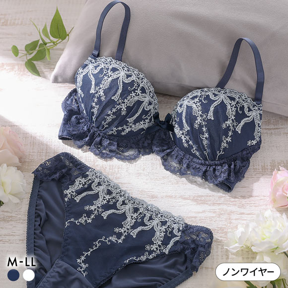 ルルモアナ リボン柄チュールレース ノンワイヤー ブラセット M L LL ブラジャー ショーツ セット ワイヤレス LULUMOANA