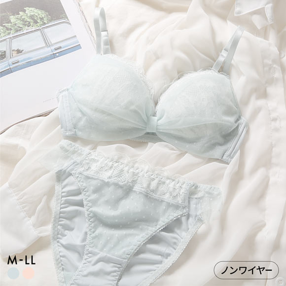ルルモアナ ドット柄ハーフリボン ノンワイヤー ブラセット M L LL ブラジャー ショーツ セット ワイヤレス LULUMOANA 大きいサイズ