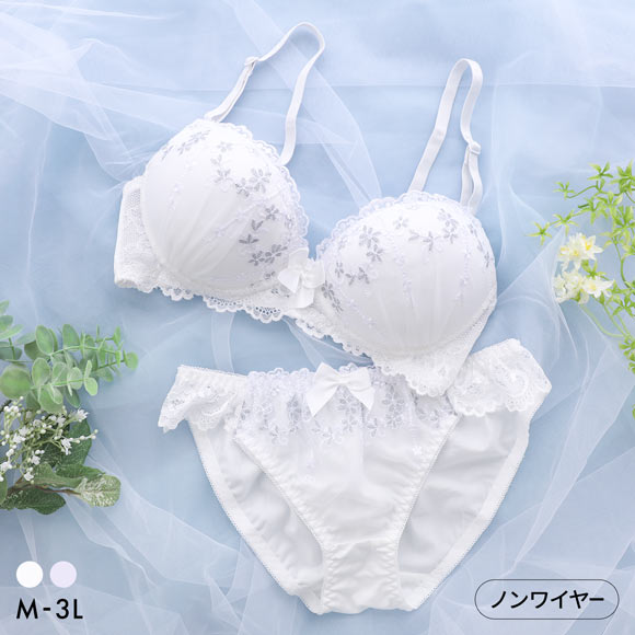 ピュアシェリ ラメ入り花柄チュールレース ノンワイヤー ブラセット M L LL セット ワイヤレス 大きいサイズ PURECHERIE