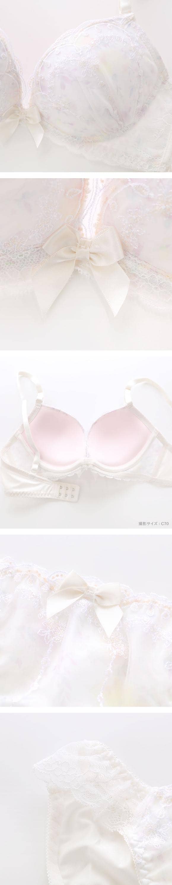 ピュアシェリ 花柄プリント×小花チュール ブラセット ABCD 谷間 盛り 脇寄せ ブラジャー ショーツ セット 大きいサイズ PURECHERIE