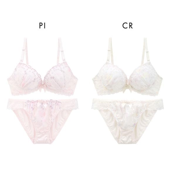 ピュアシェリ 花柄プリント×小花チュール ブラセット ABCD 谷間 盛り 脇寄せ ブラジャー ショーツ セット 大きいサイズ PURECHERIE