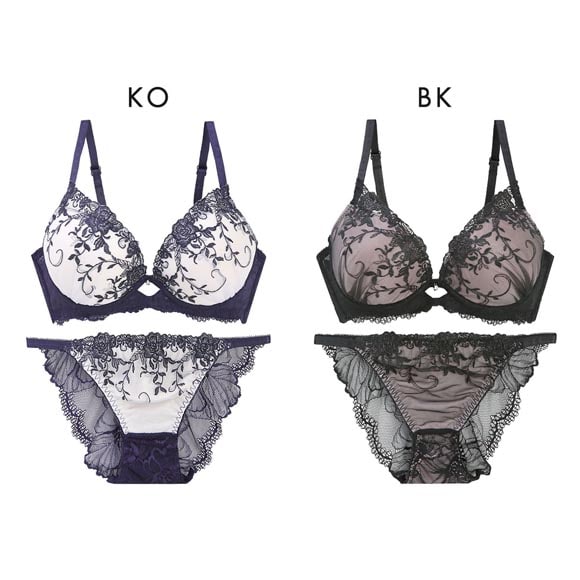 エクラ 脇高 ラメ入花柄チュール ブラジャー ショーツ セット バックレース ECLAT