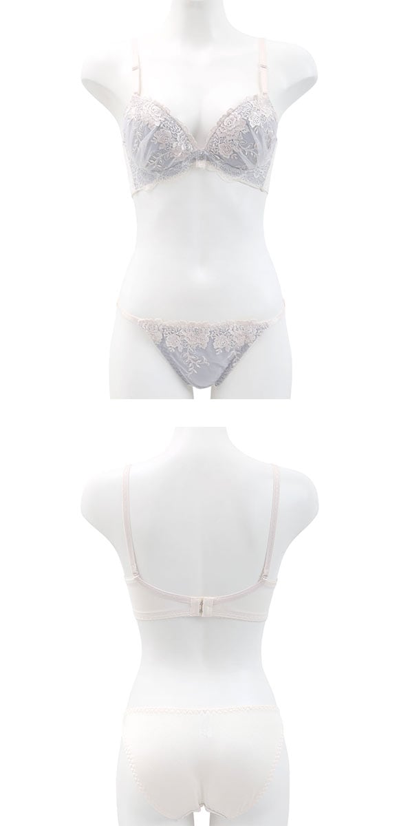 ピュアシェリ 脇高 アンティーク花柄チュール ブラセット ABCD70-85 盛り 谷間 美胸 寄せ ブラジャー ショーツ セット PURECHERIE