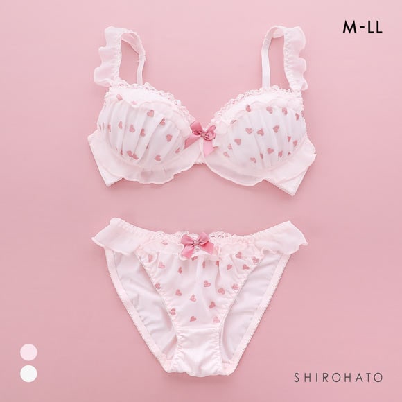 ピュアシェリ ハート刺繍シフォン ノンワイヤー ブラセット M L LLブラジャー ショーツ セット  極厚パッド 楽ちん 盛り PURECHERIE