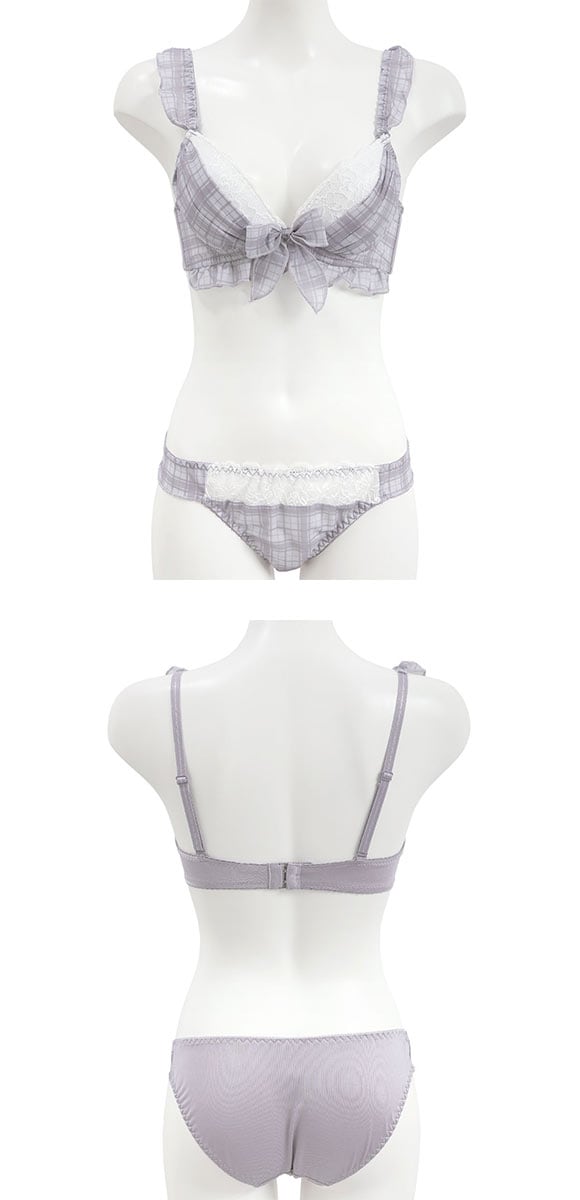 ピュアシェリ チェック柄シフォンフリル ブラセット ABCD ラジャー ショーツ セット 大きいサイズ 盛り 谷間 L字 脇寄せ PURECHERIE