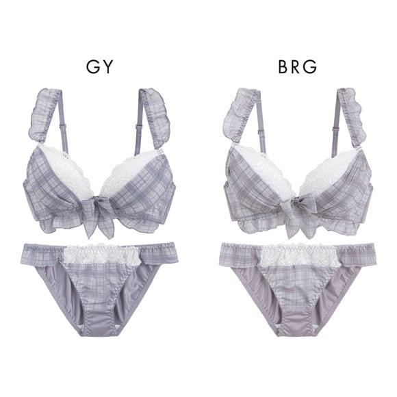 ピュアシェリ チェック柄シフォンフリル ブラセット ABCD ラジャー ショーツ セット 大きいサイズ 盛り 谷間 L字 脇寄せ PURECHERIE