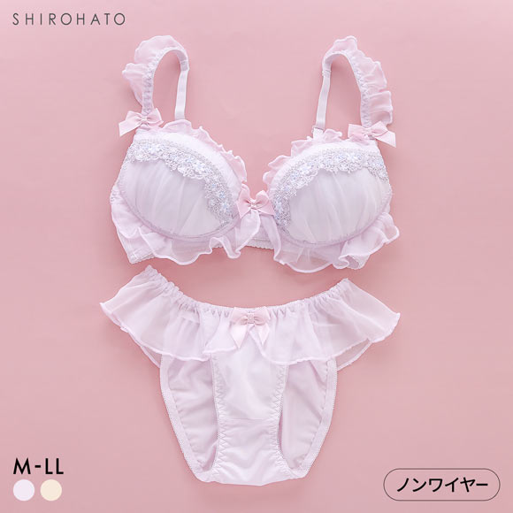 ピュアシェリ シフォンフリル×ケミカル ノンワイヤー ブラセット M L LL ブラジャー ショーツ セット ワイヤレス 脇肉 PURECHERIE