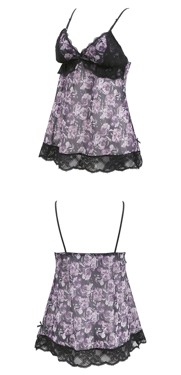 ピュアシェリ ローズプリントシフォン キャミ＆タップパンツ セットアップ M L 上下セット スリップ ベビードール PURECHERIE