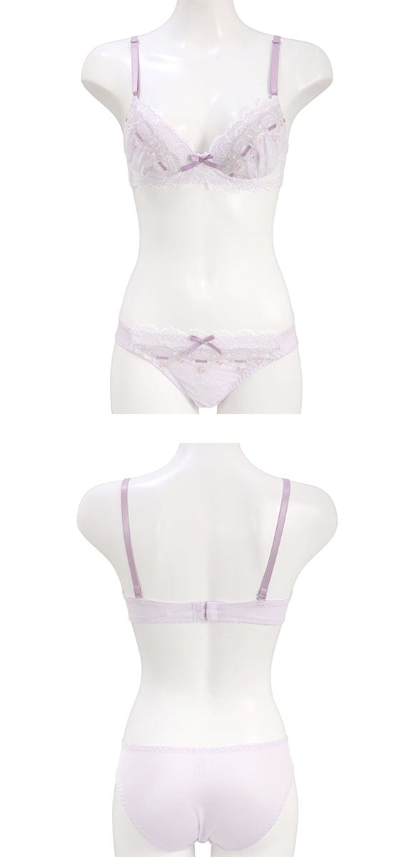 ピュアシェリ リボン通し風レース ノンワイヤー ブラセット M L LL ブラジャー ショーツ セット ワイヤレス PURECHERIE