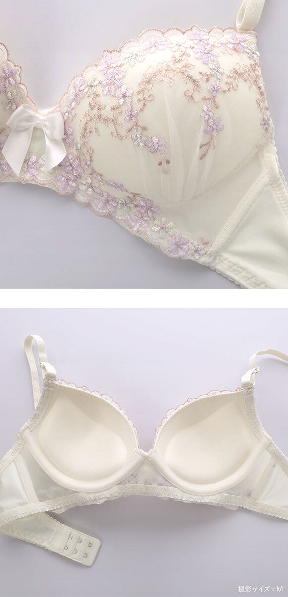 ピュアシェリ 4色小花チュールレース ノンワイヤー ブラセット M L LL ブラジャー ショーツ セット ワイヤレス PURECHERIE